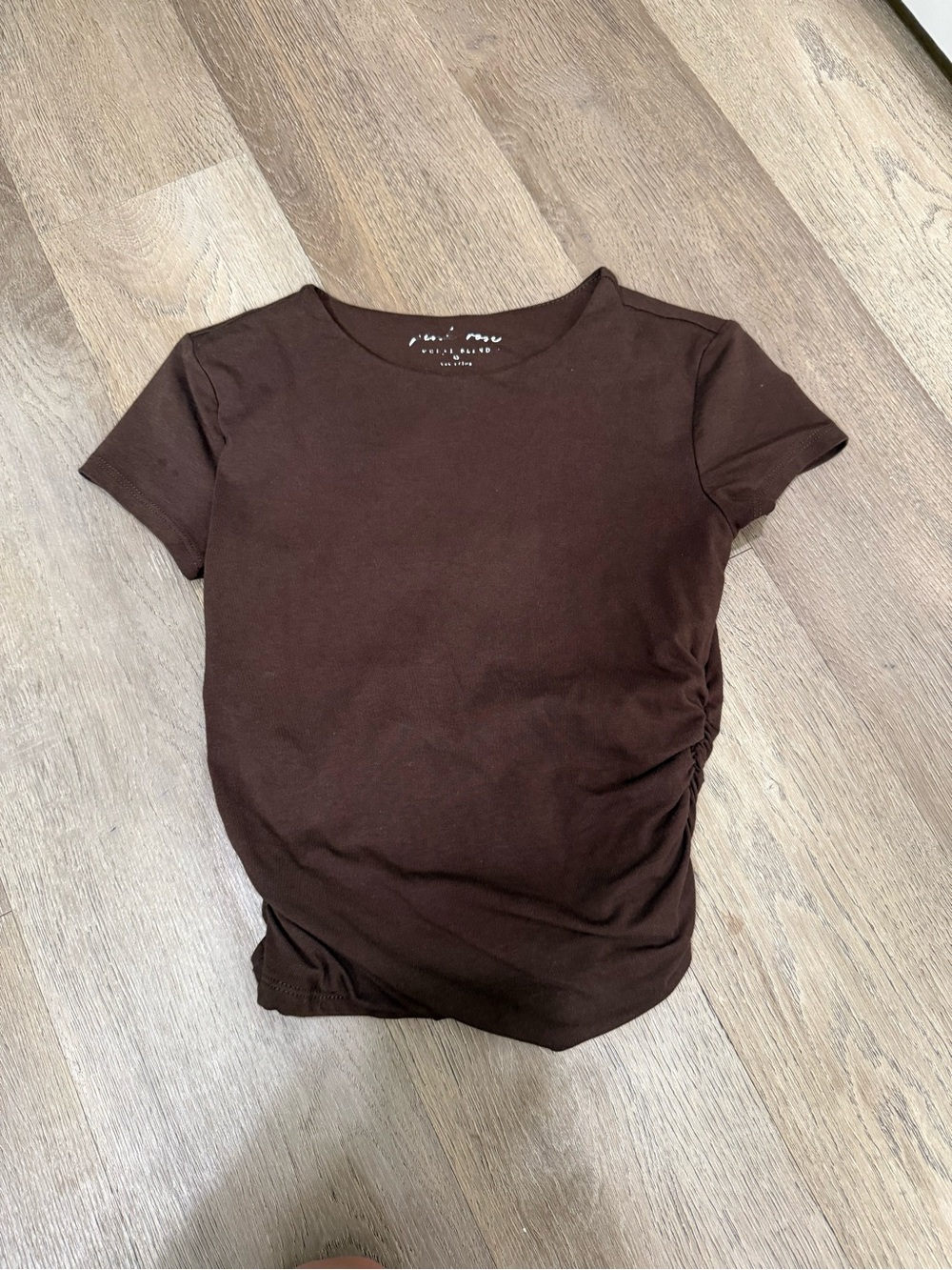 Pink Rose Brown Short Sleeve Crewneck Top with Side Ruching